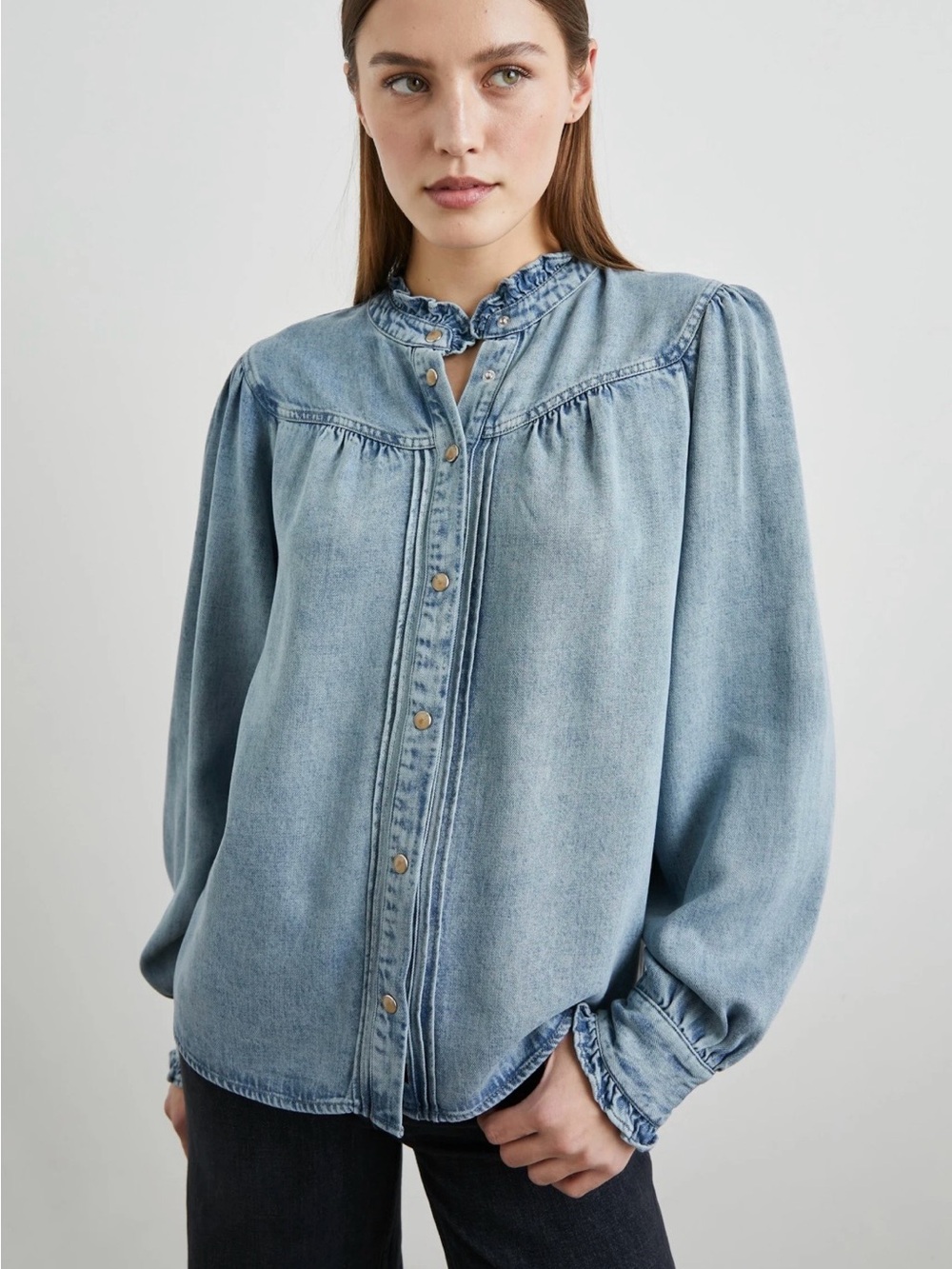 Rails Washed Light Blue Denim Ruffle-Neck Button Down